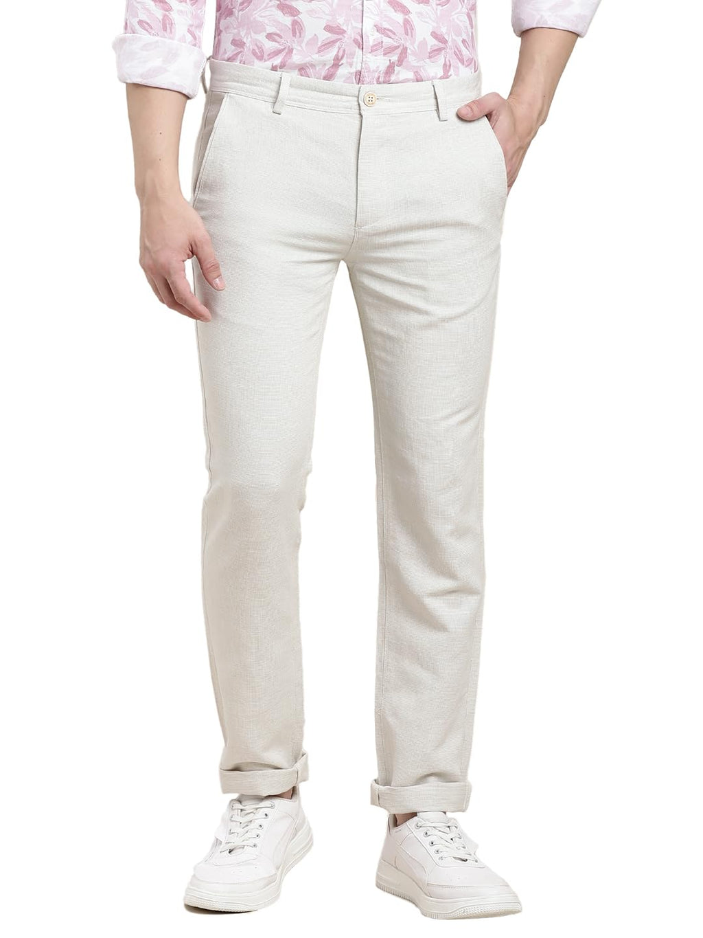Turtle Men Cotton Linen Ultra Slim Fit Grey Melange Solid Flat Front Casual Trouser || Pant || Mens Trouser