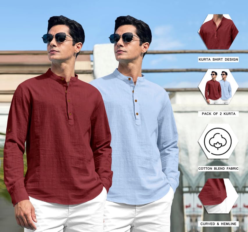 Royalscout Combo Of MenS Solid Cotton Blend Full Sleeve Straight Kurta Shirt (Pack Of 2)