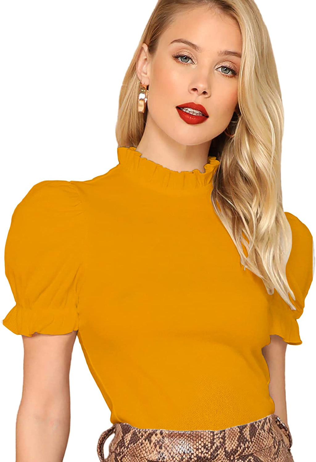 Shasmi Womens Yellow Pleated High Neck Short Puff Sleeve Ruched Bust Solid Tops for Women/Tops for Girls (Shree Top 22 Mustard 