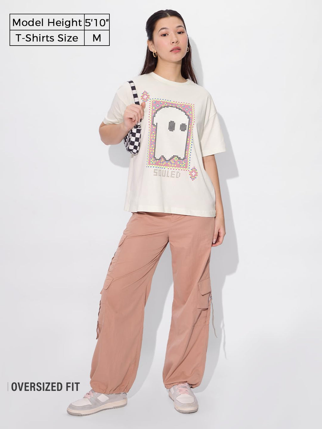 The Souled Store Soul Spark Women and Girls Short Sleeves Round Neck Off White Puff Printed Cotton Oversized T-Shirts