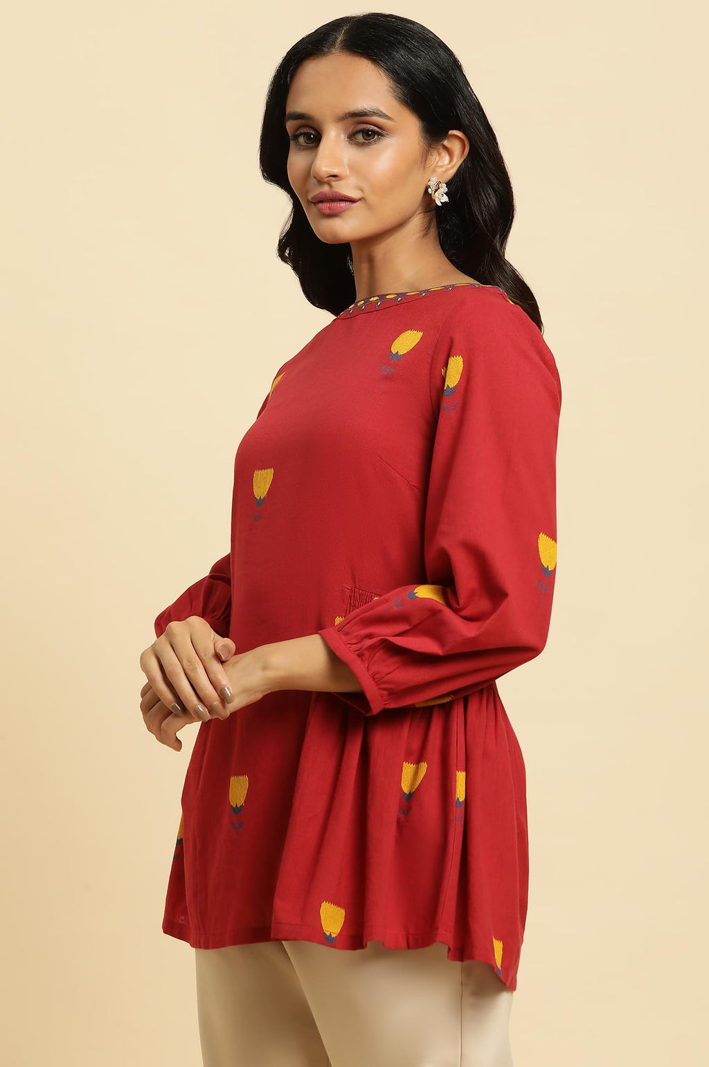 W For Woman Red Embroidered Cotton Tunic Top With Thread W For Womanork