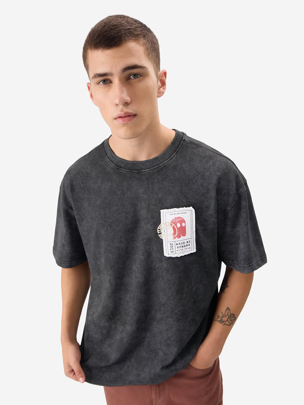 The Souled Store Patchy Mr. Soul Men and Boys Short Sleeve Round Neck Black Graphic Printed Cotton Oversized T-Shirts