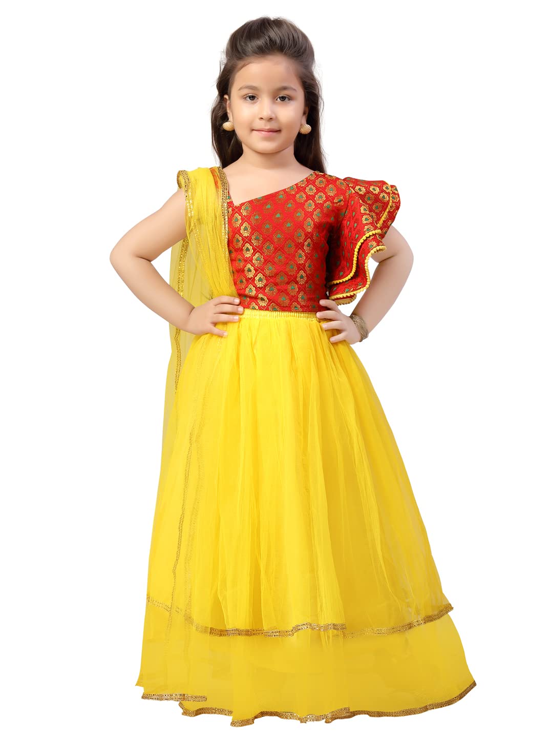 Aarika GirlS Silk Lehenga Choli Set (Lch-22138_Red-Yellow_11-12 Years)