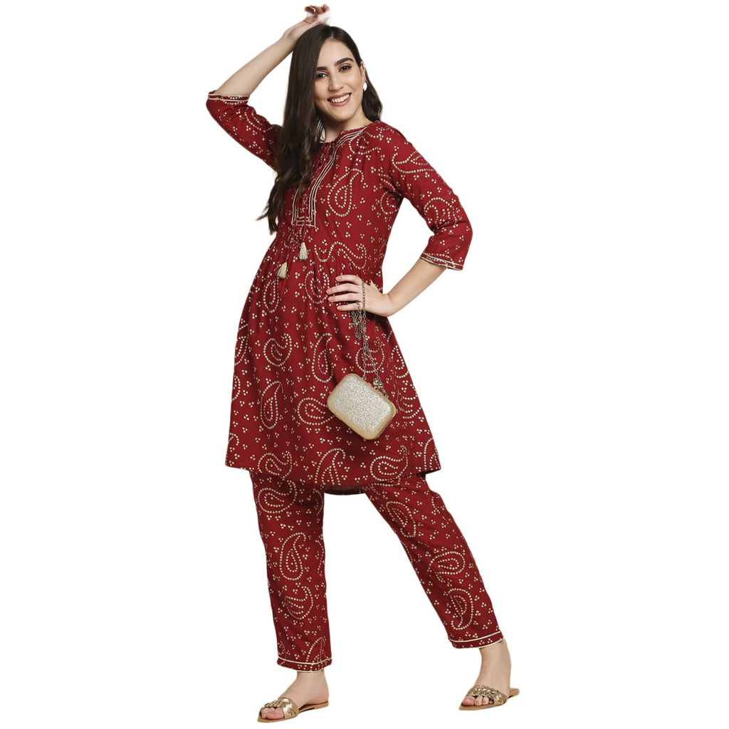 Anubhutee Womens Rayon Maroon Gota Patti Work Bandhani Printed A-Line Kurta Suit Set With Pants