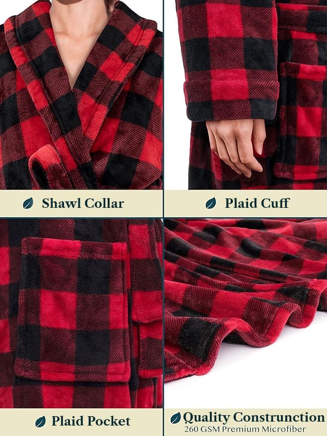 PAVILIA Plush Robe For Women | Buffalo Plaid Red Black Fluffy Soft Bathrobe | Luxurious Fuzzy Warm Spa Robe, Cozy Fleece Long Ro