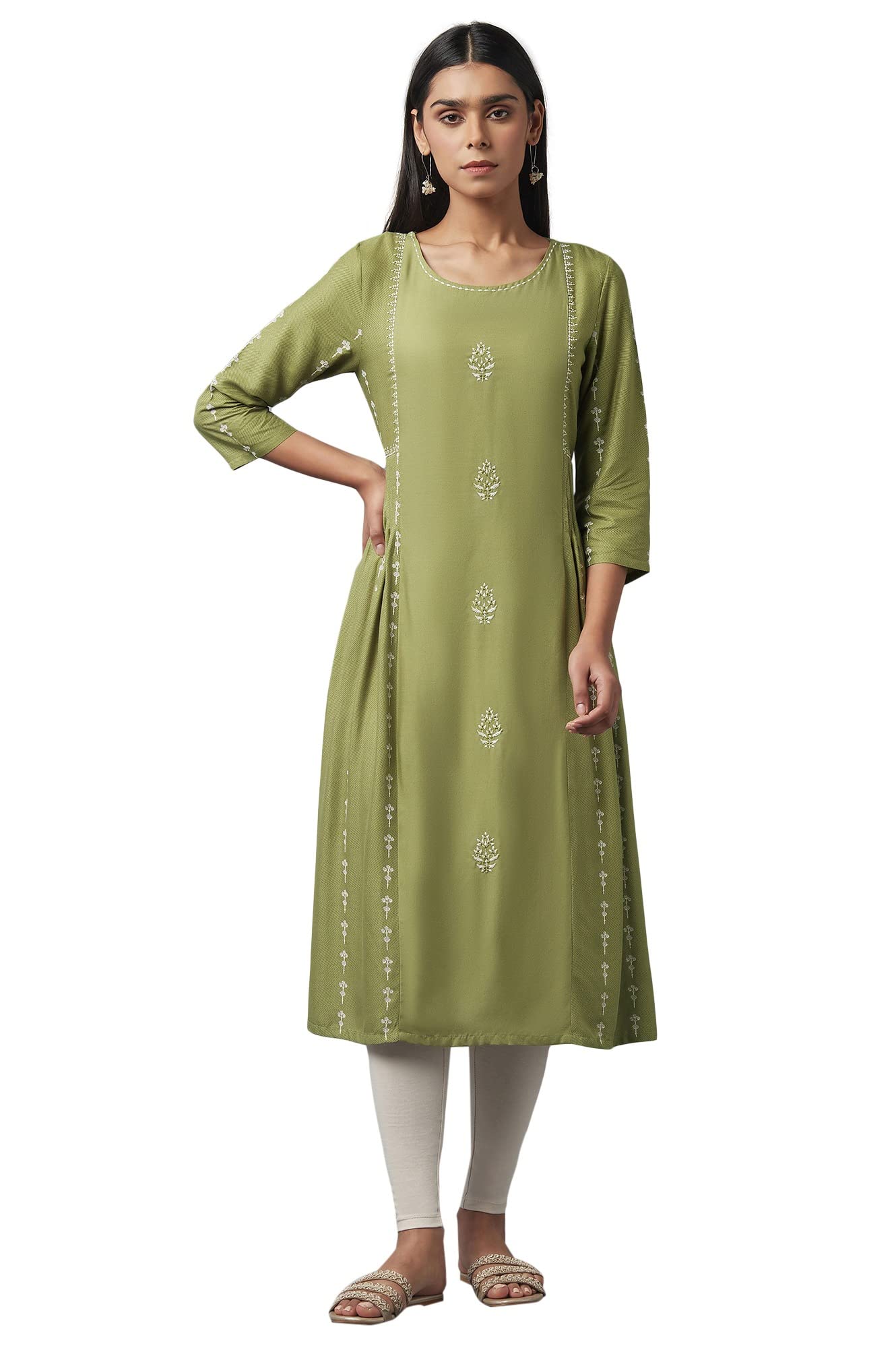 W For Woman Women'S Viscose Regular Kurta (21Auw15997-116106_Green_10)
