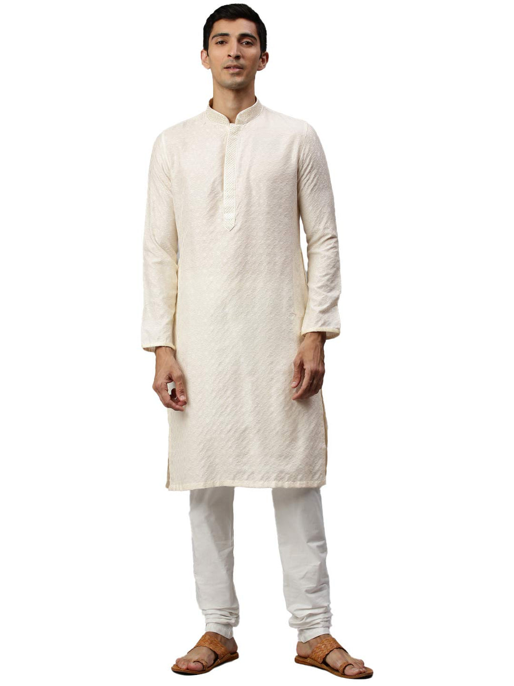 Manyavar Stylish Casual Silk Blend Full Sleeves Kurta Set For Men (Cream, X-Large)