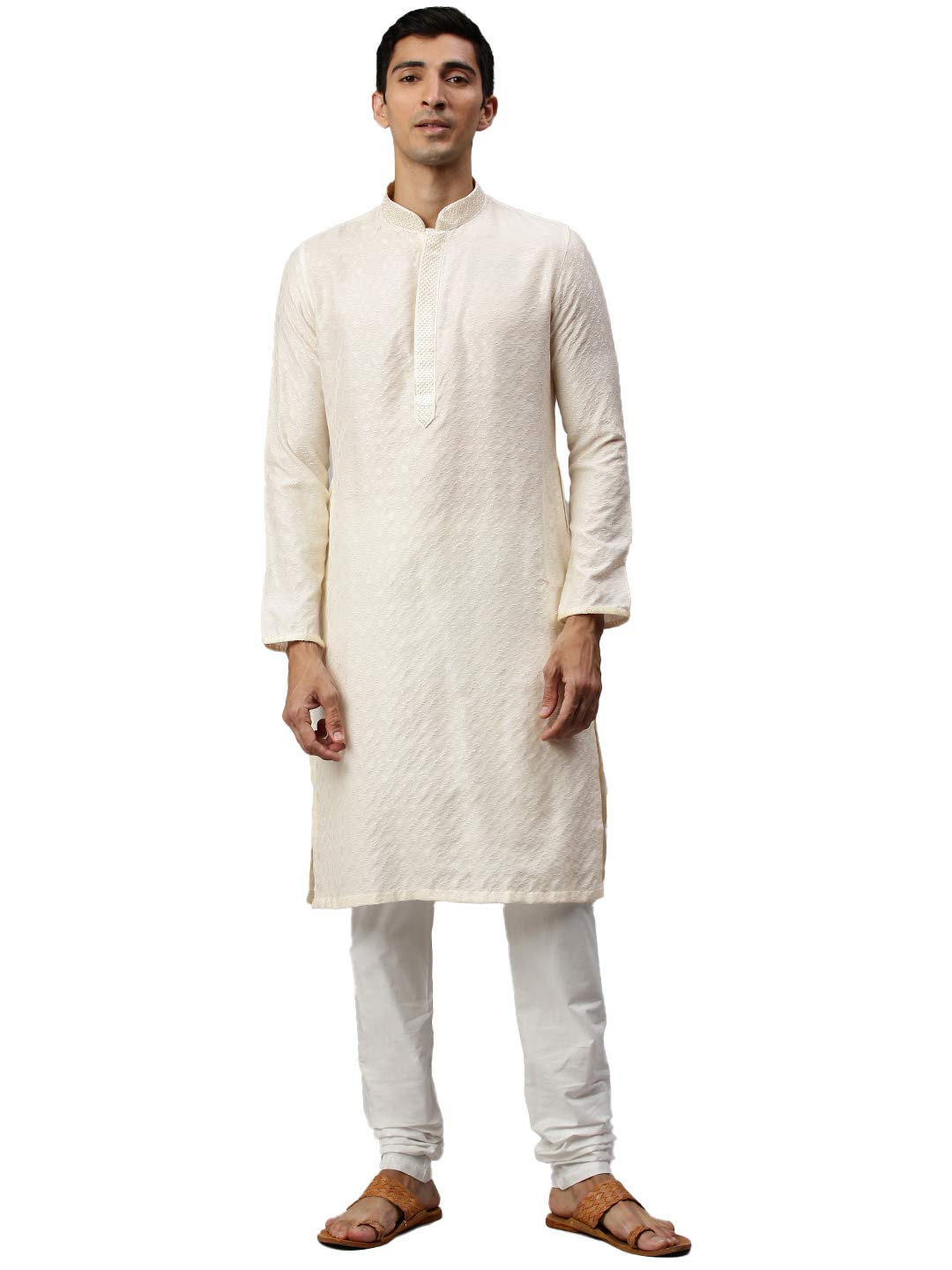 Manyavar Stylish Casual Silk Blend Full Sleeves Kurta Set For Men (Cream, X-Large)