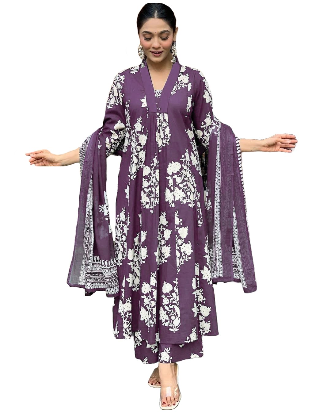 ANNI DESIGNER Womens Rayon Viscose Anarkali Printed Kurta with Pant & Dupatta (Jasiwal Purple_XL_Purple_X-Large)
