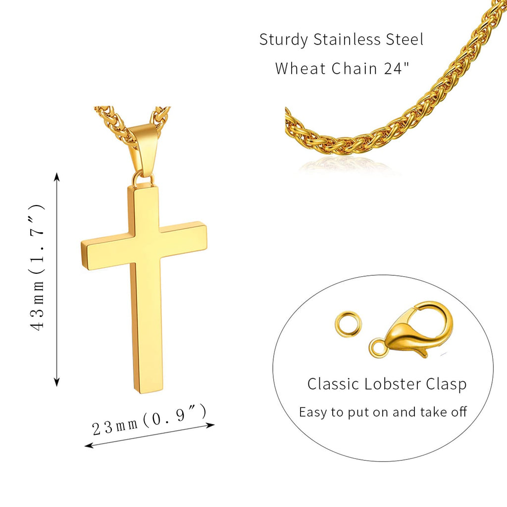 P. BLAKE Gold Cross Necklace for Men Boys, Stainless Steel Cross Pendant Chain Christian Religious Jewelry Valentine Christmas G