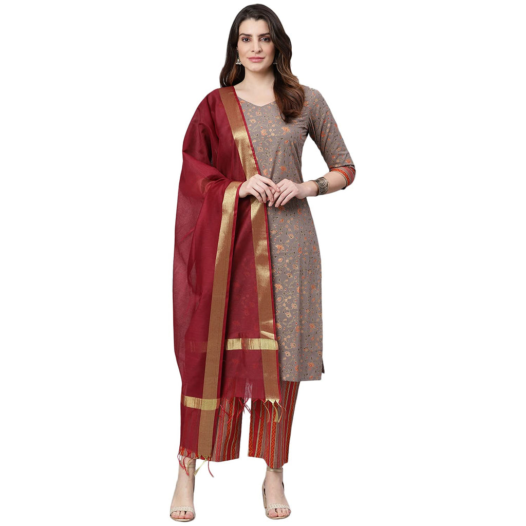 Idalia Multicolor Jaal Printed Straight Cotton Kurta For Women 3/4 Sleeve, Round Neck Kurta Set With Dupatta For Women