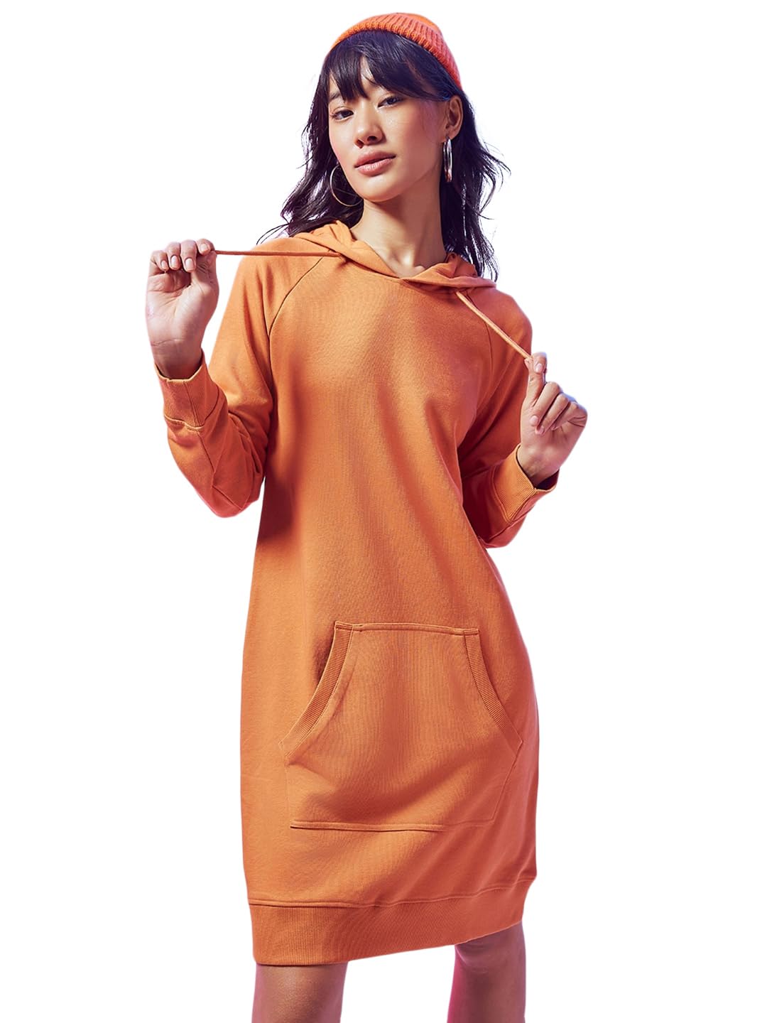 Bewakoof Womens Solid Regular Fit Hoodie Dress_596554_Orange_S