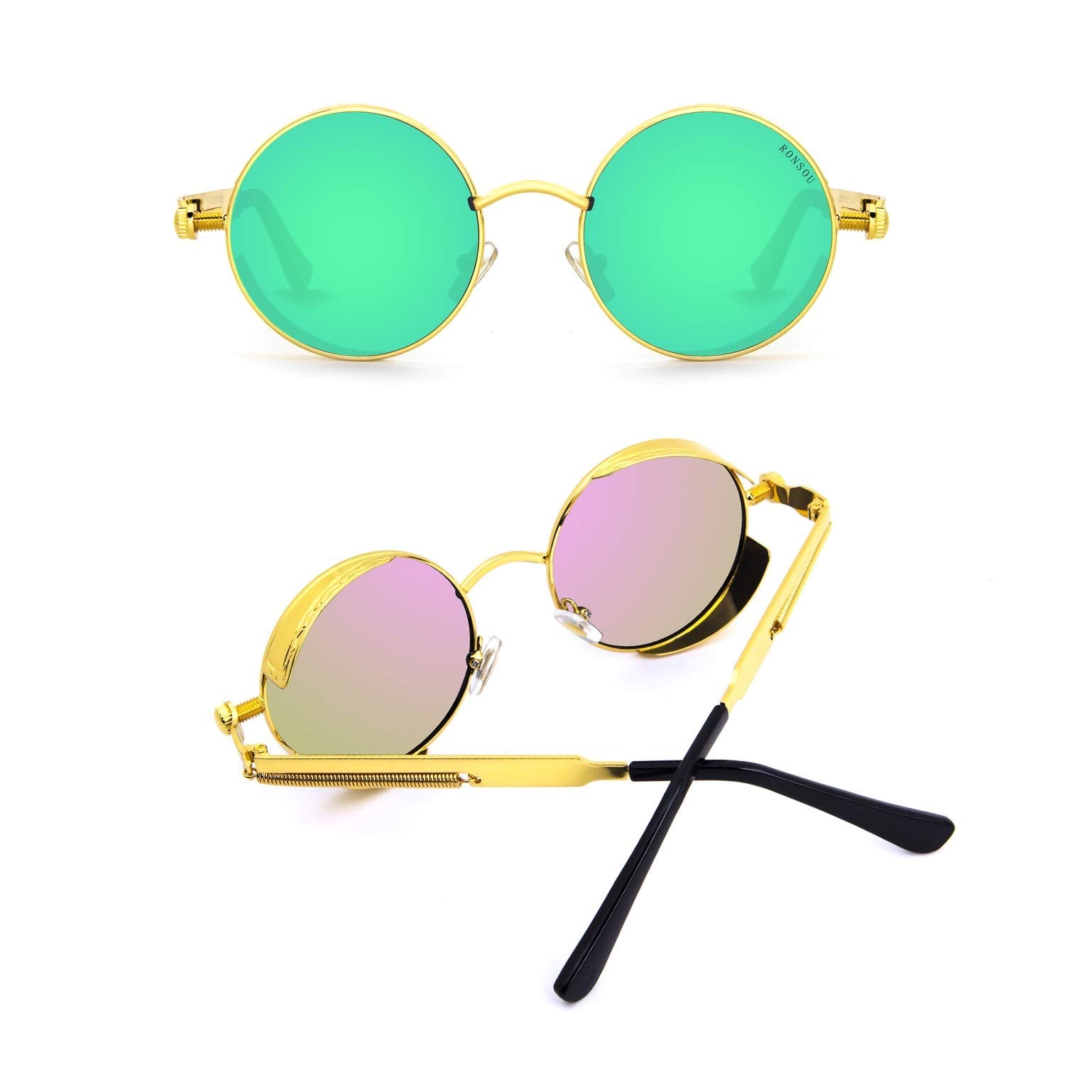 RONSOU Steampunk Style Round Vintage Polarized Sunglasses Retro Eyewear UV400 Protection Matel Frame Golden Frame Green Lens