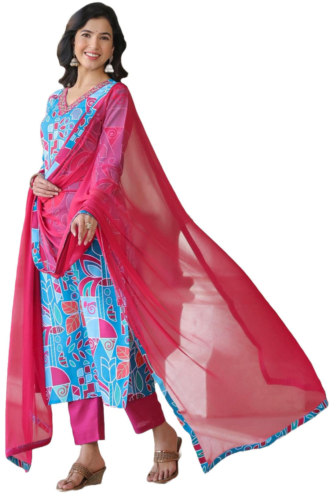 ANNI DESIGNER Womens Cotton Blend Straight Printed Kurta with Pant & Dupatta (DOWN-RAMA Blue-NKF_XXL_Blue_XX-Large)
