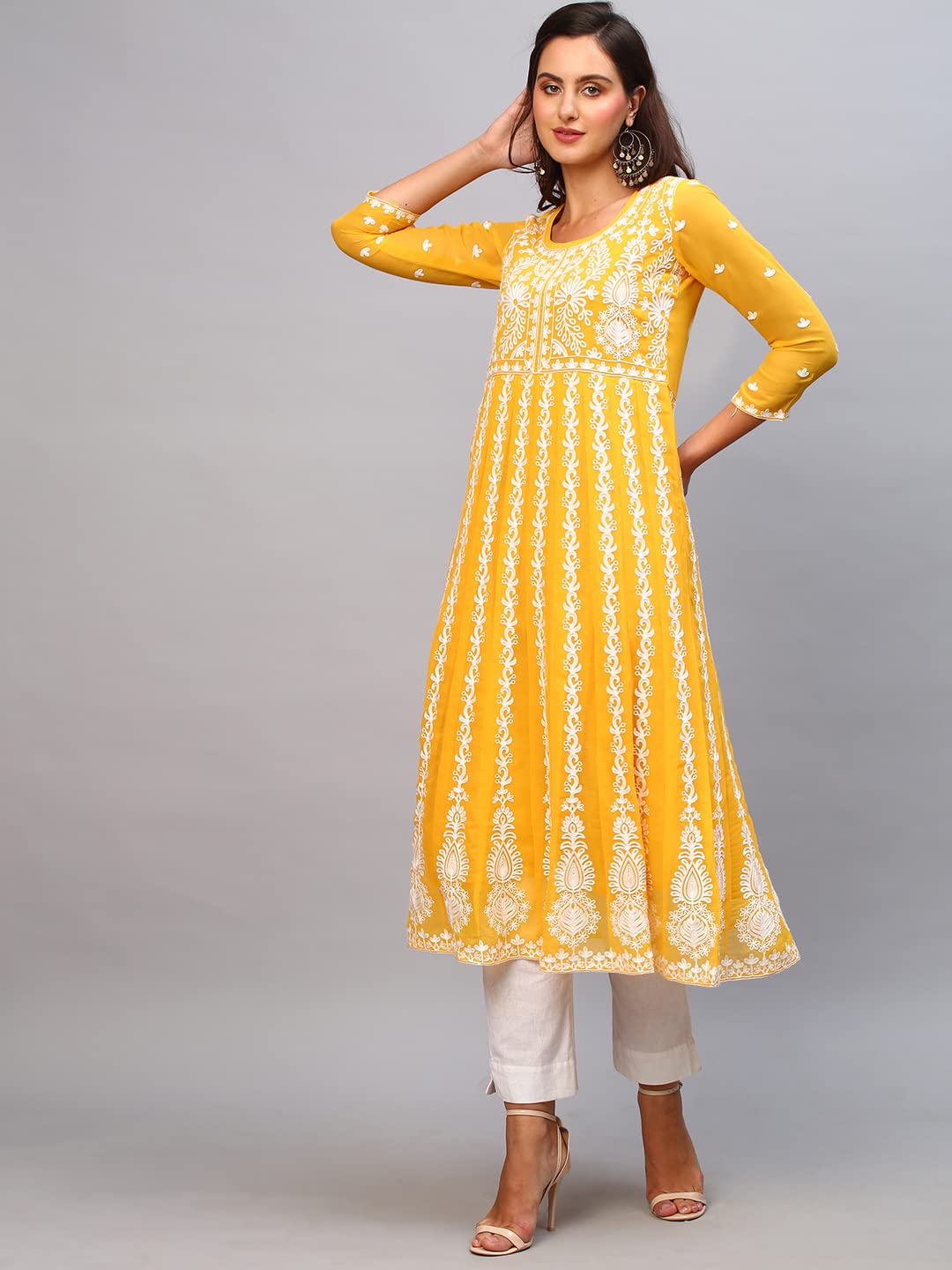 ANNI DESIGNER Womens Georgette Chikankari Embroidered Anarkali Kurti (Naav Yellow_S_Yellow_Small)