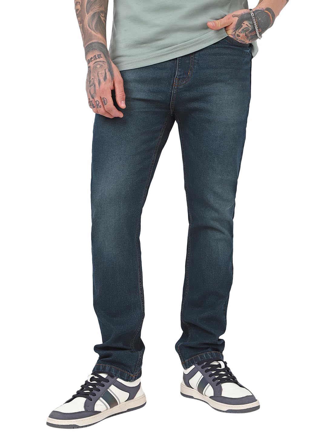 Bewakoof Mens Washed Slim Straight Fit Cotton Elastane Blend Stretchable Jeans_663619_Blue_32