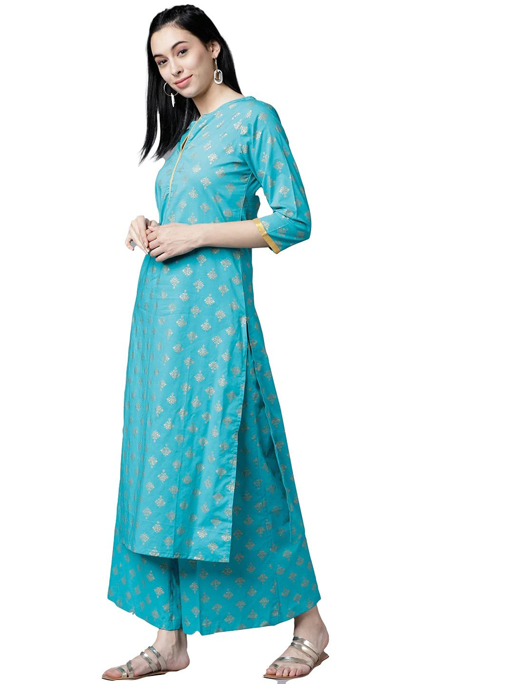 ANNI DESIGNER Womens Cotton Gold-Toned Printed Kurti with Palazzos (DEVIKA-Blue_M)
