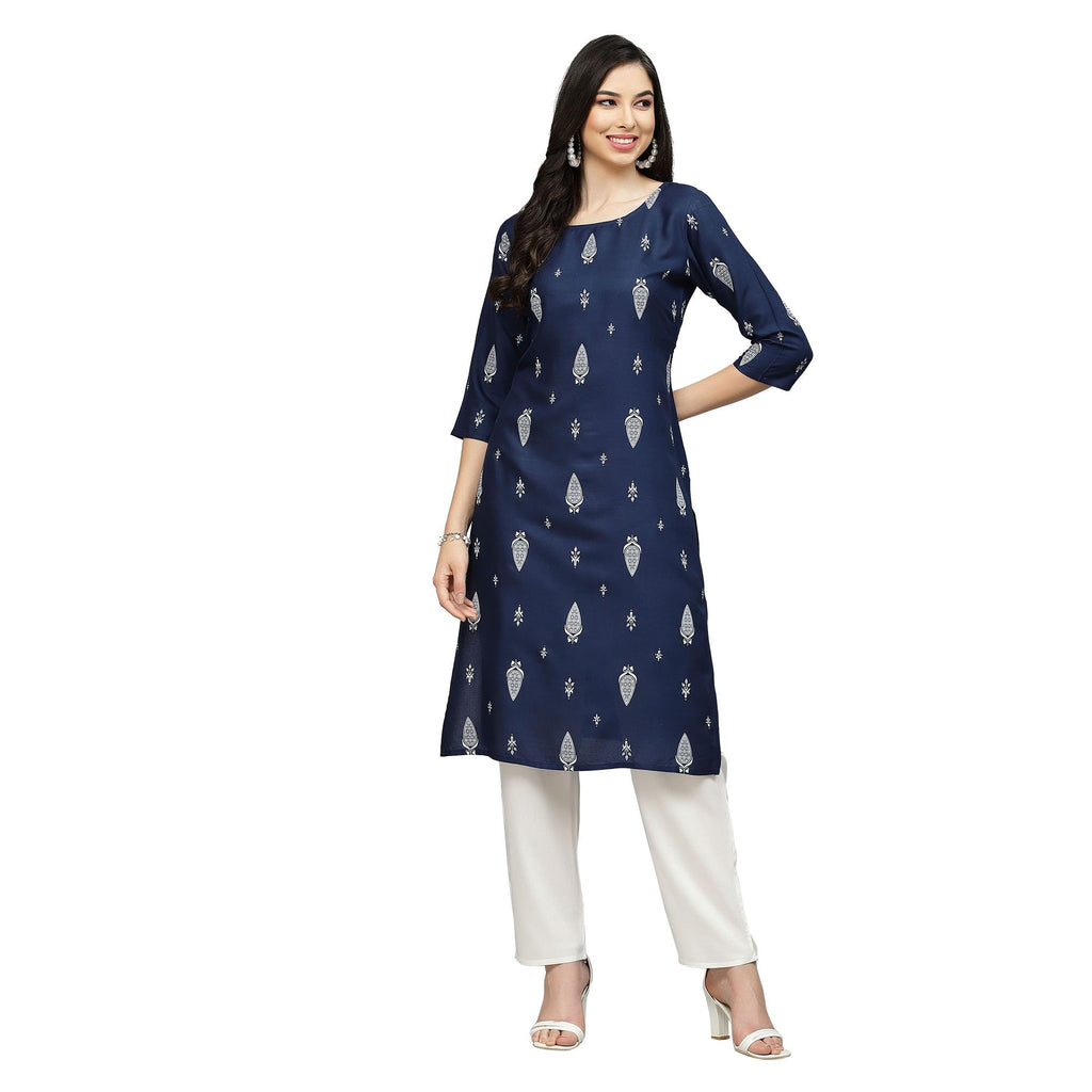 Stylum Women'S Printed Rayon Straight Kurta (Navytilak36_ Navy Blue, S)
