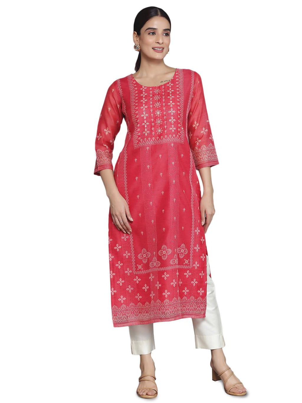 Libas WomenS Chanderi Silk Embellished Straight Kurta (37049_Coral