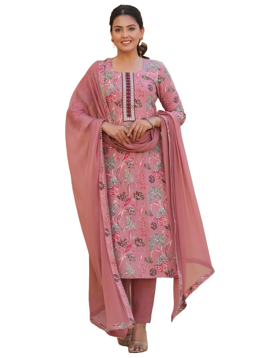 ANNI DESIGNER Womens Rayon Blend Printed Straight Kurta with Pant & Dupatta (VICE Peach-NW_XL_Peach_X-Large)