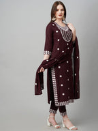 ANNI DESIGNER Womens Cotton Blend Embroidered Straight Kurta with Pant & with Dupatta (Dalfuna Wine_S_Wine_Small)