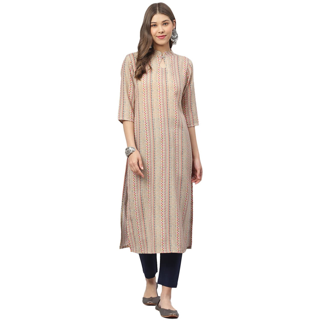 Nainvish Women'S Cotton Printed Straight Mandarin/Chinese Neck Kurta (Sd328_K-Xl_Beige)