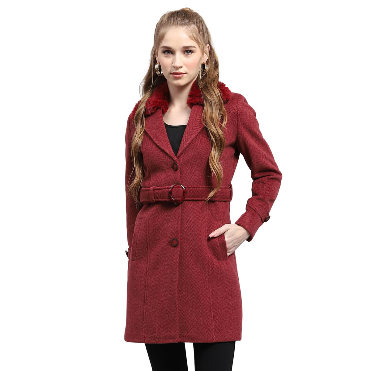 Monte Carlo Womens Self design Maroon Collared Neck Full Sleeve Coat (224067316142) 2