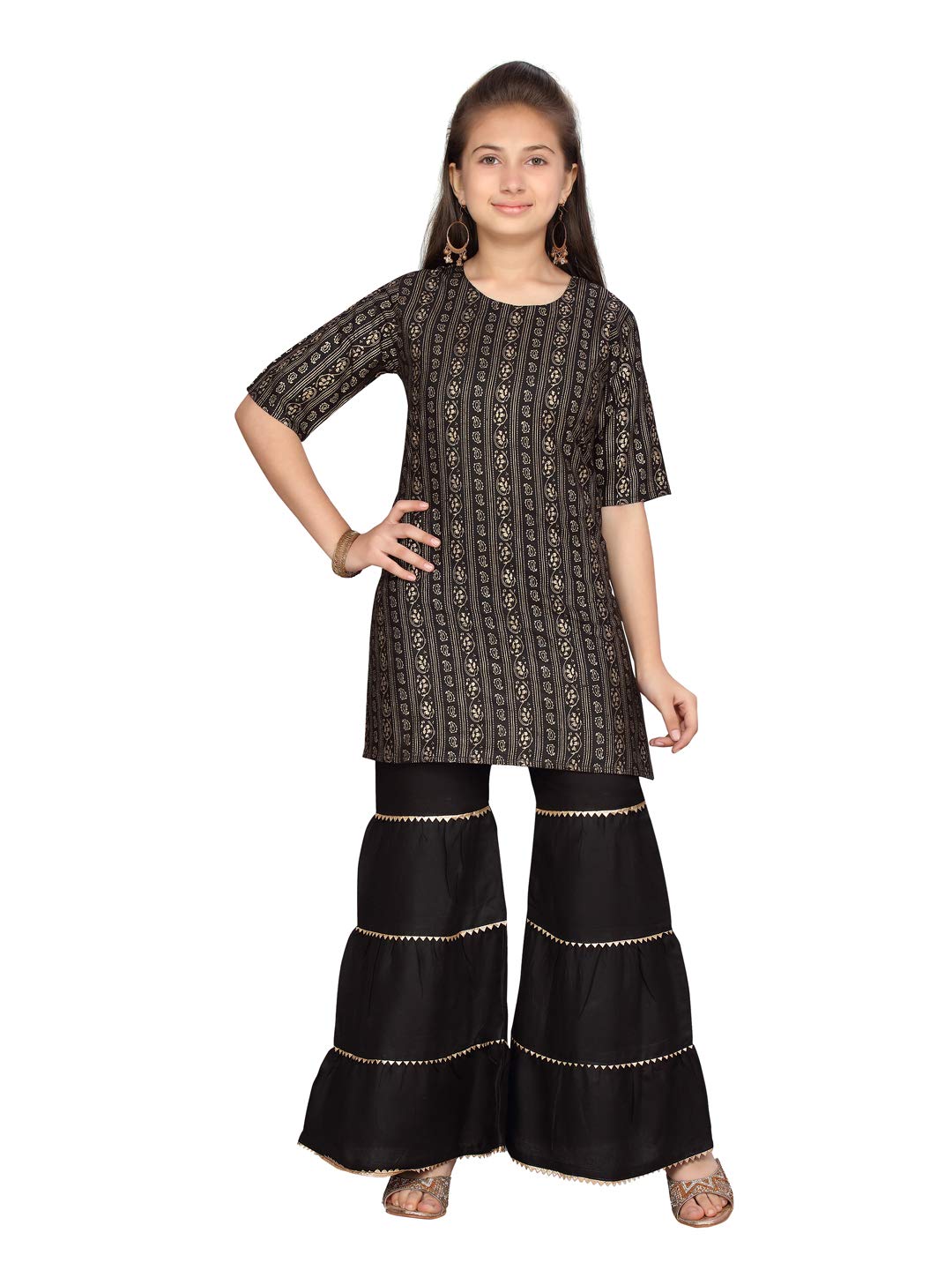 Aarika Cotton Girls Kurti Sharara Set (NV-SH-K-07_Black