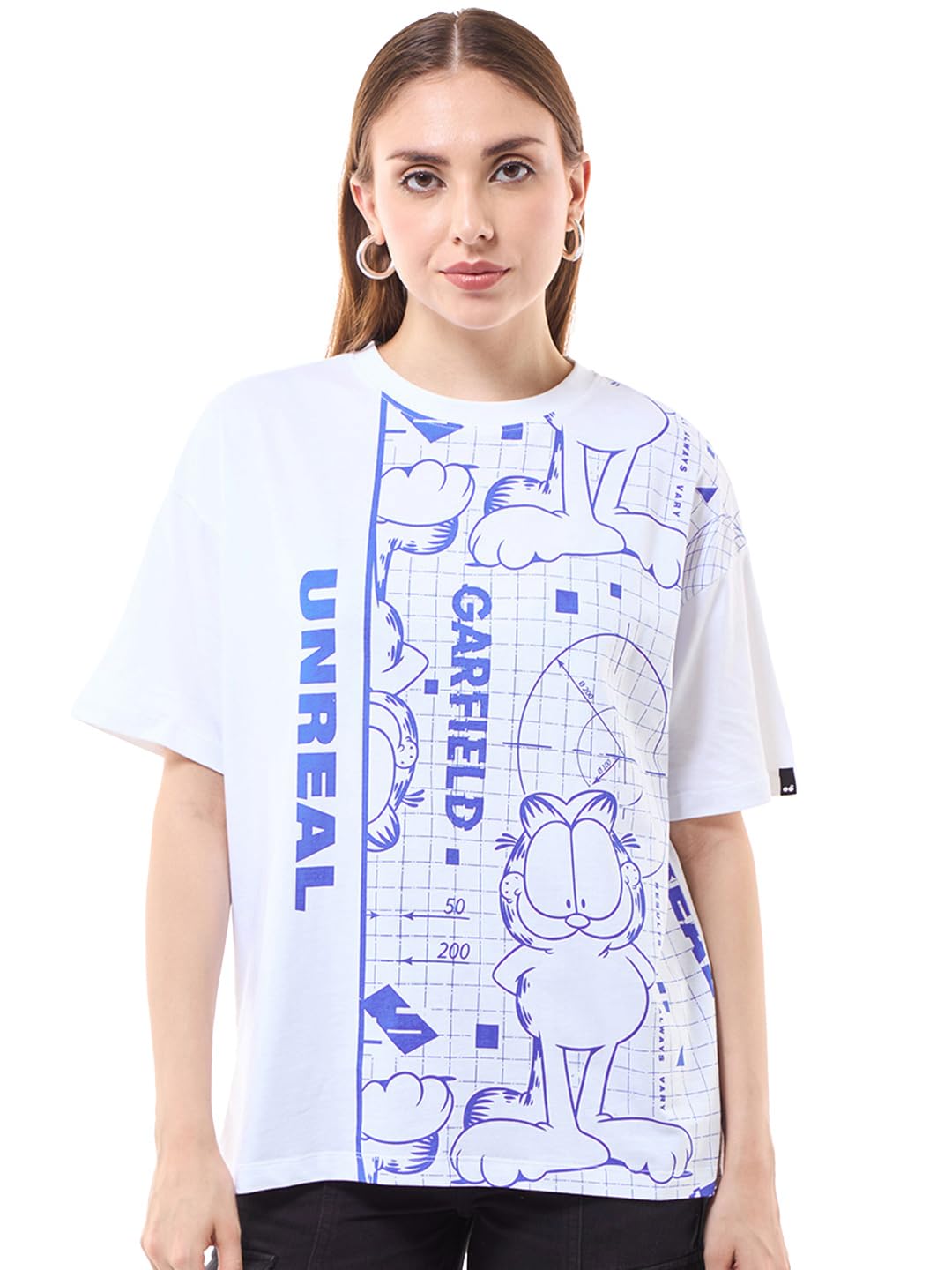Bewakoof Official Garfield Merchandise Womens Graphic Print Oversized Fit Half Sleeve Round Neck Pure Cotton T-Shirt_636776_Whi