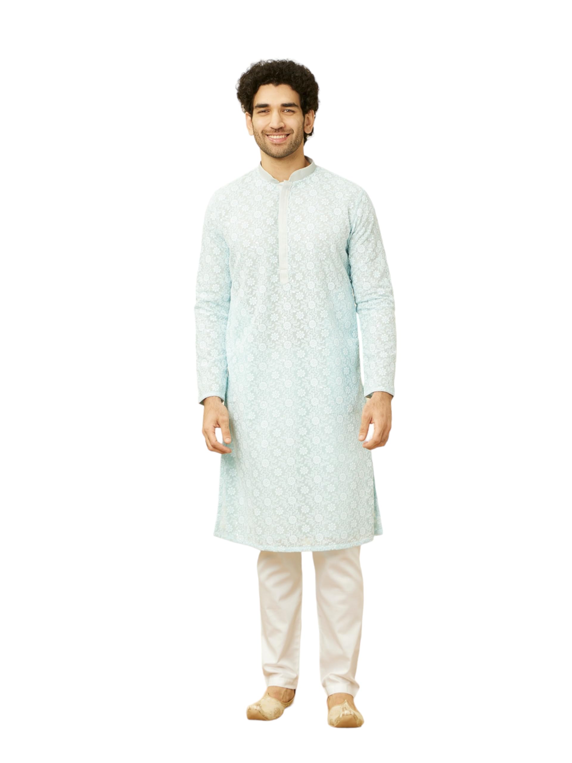Manyavar Mens Blue Georgette Kurta Pyjama Set