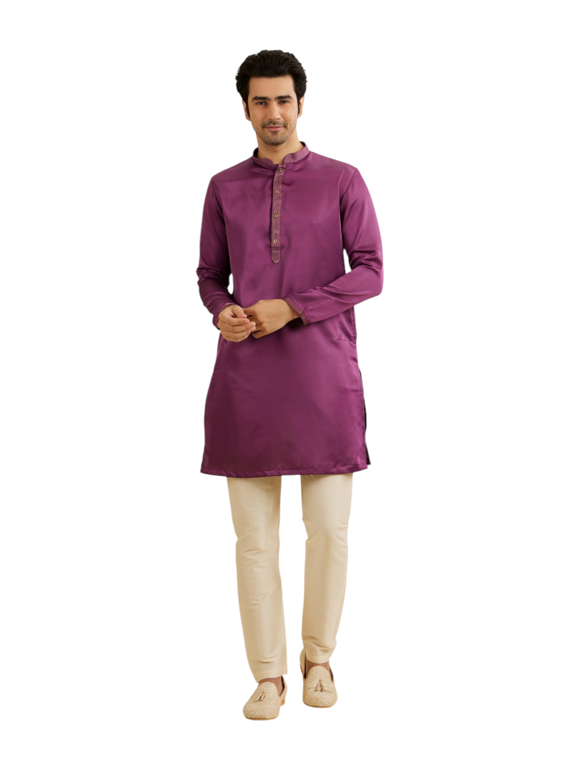 Manyavar Mens Plain Solid Kurta Set (Purple,XL)