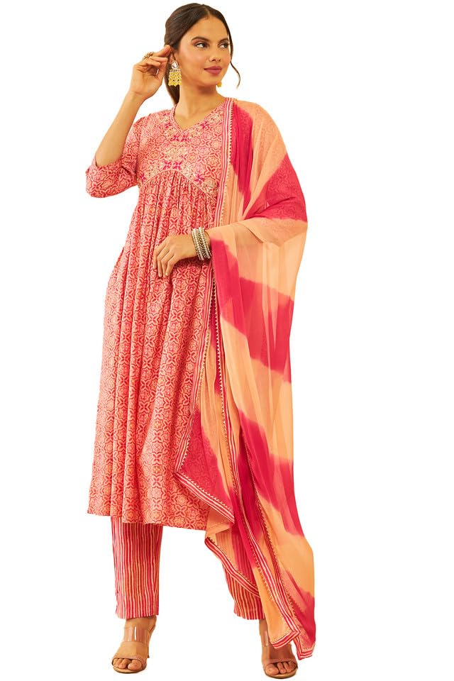 Soch Women Muslin Botanical Print Suit Set with Zardosi