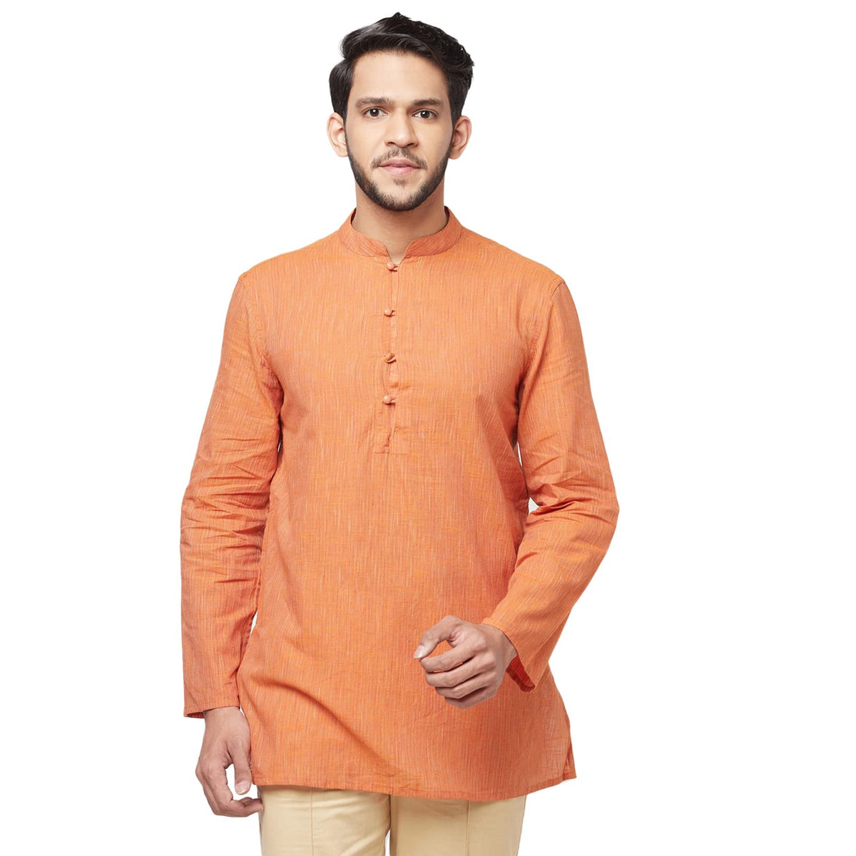 Fabindia Men Cotton Striped Slim Fit Short Kurta Orange_S