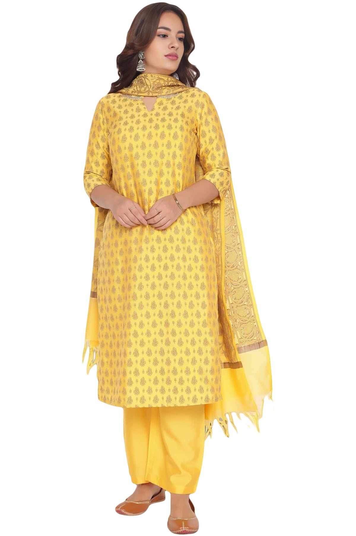 Aurelia Womens Yellow Abstract Printed Beads Banarsi Jacquard Kurta, Palazzo and Dupatta Set (Size: S)-AS16020-705808
