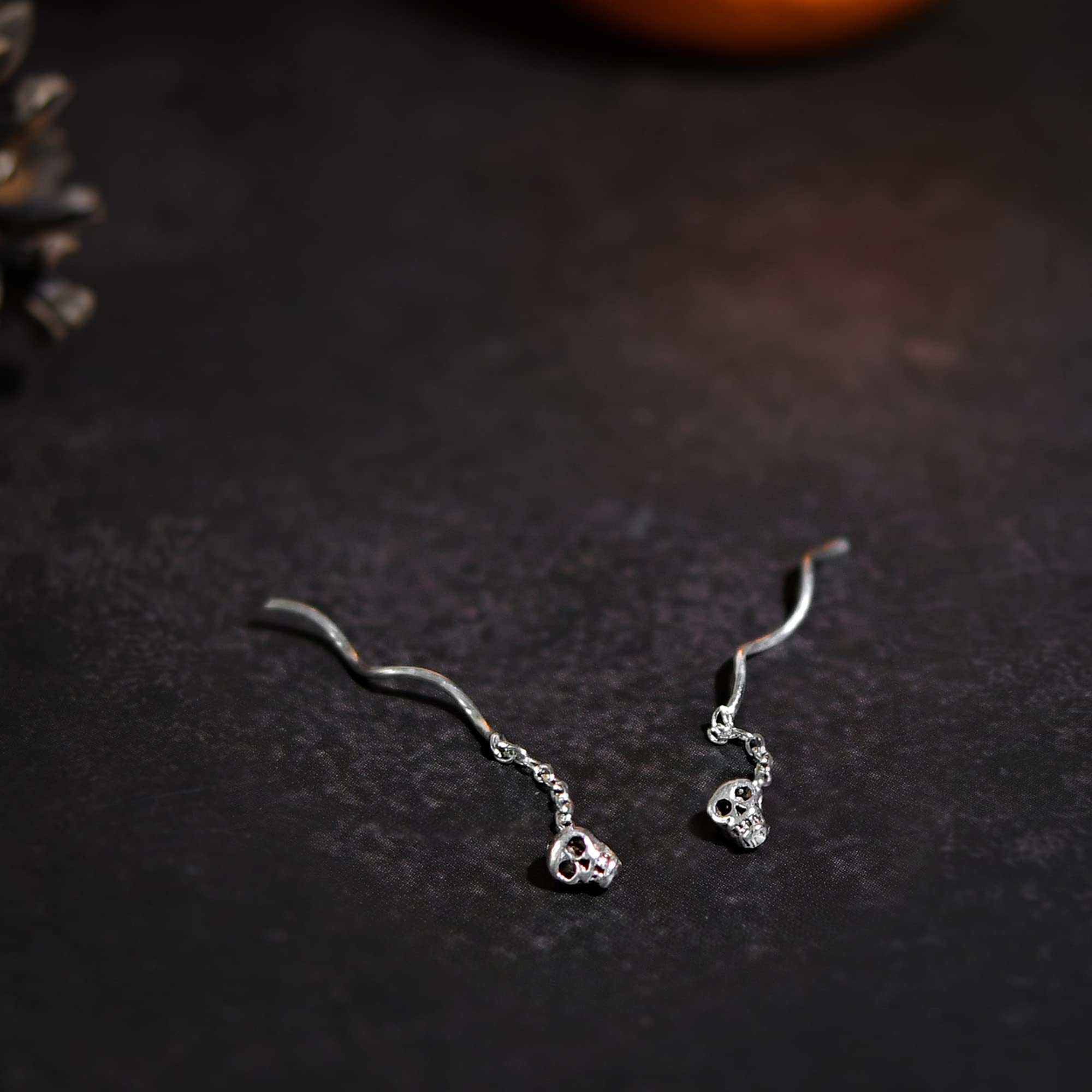 AeraVida Tiny Skull Chain Threader Spiral Halloween Sterling Silver Earrings, 0.11x0.15 inch