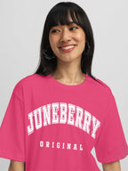 Juneberry 100% Pure Cotton Oversized Drop Shoulders Brand Logo Typography Print Round-Neck Relaxed Fit Pink T-Shirt For Women (J