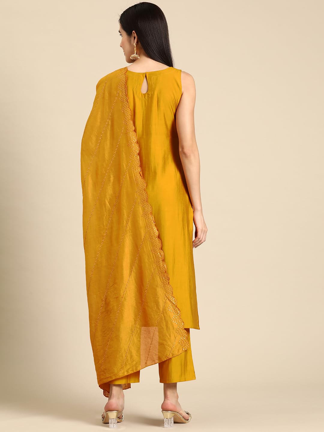 Libas Gerua Womens Solid Silk Blend Straight Kurta With Trousers And Dupatta