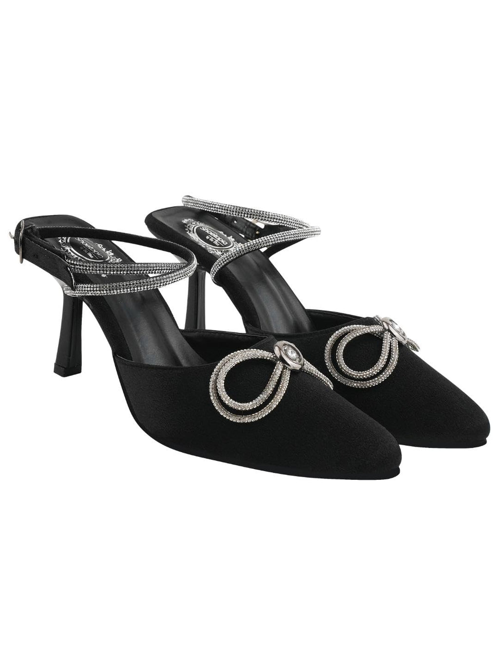 WomenS Black Satin High Heel Sandals Pointed Toe Party Heels With Rhinestone Bow & Ankle Strap  Elegant Stilettos For Weddings 