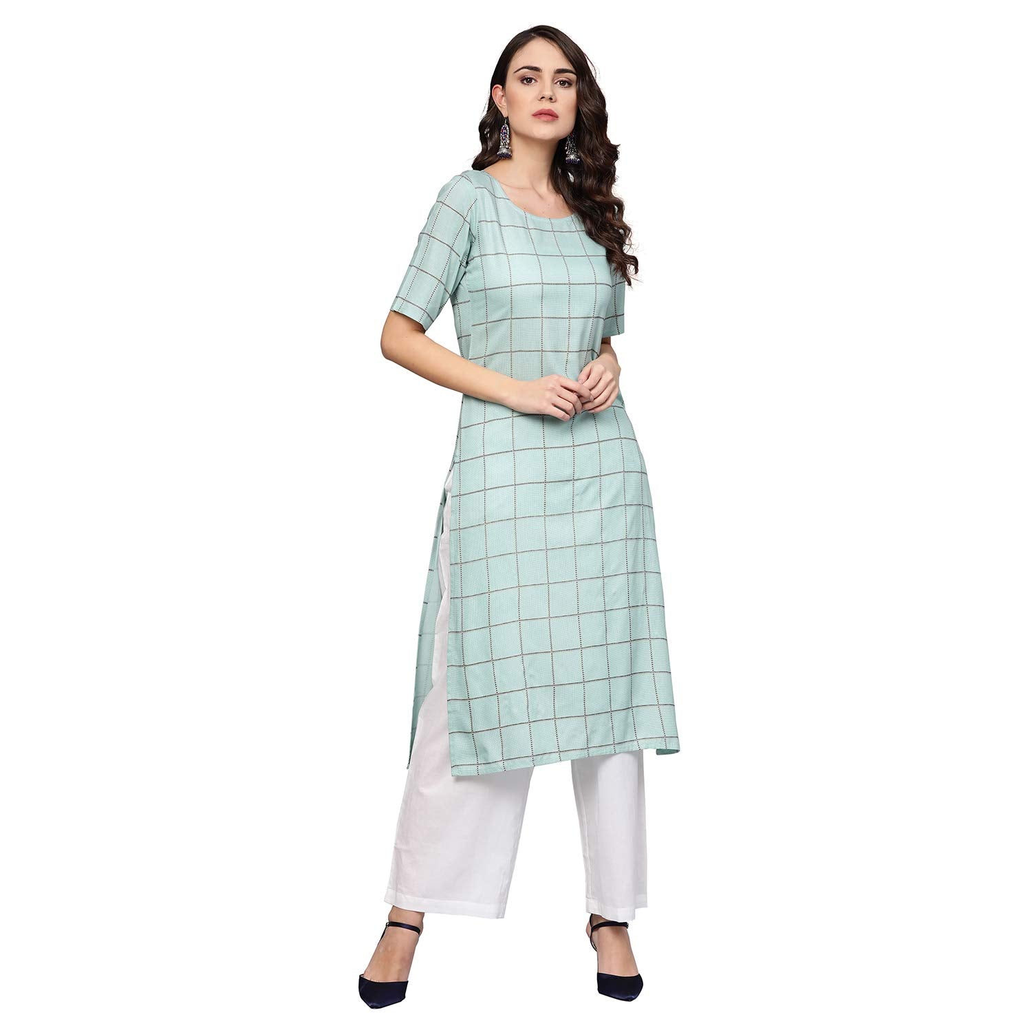 Idalia Checkered Print Teal Kurta With White Palazzo Pants