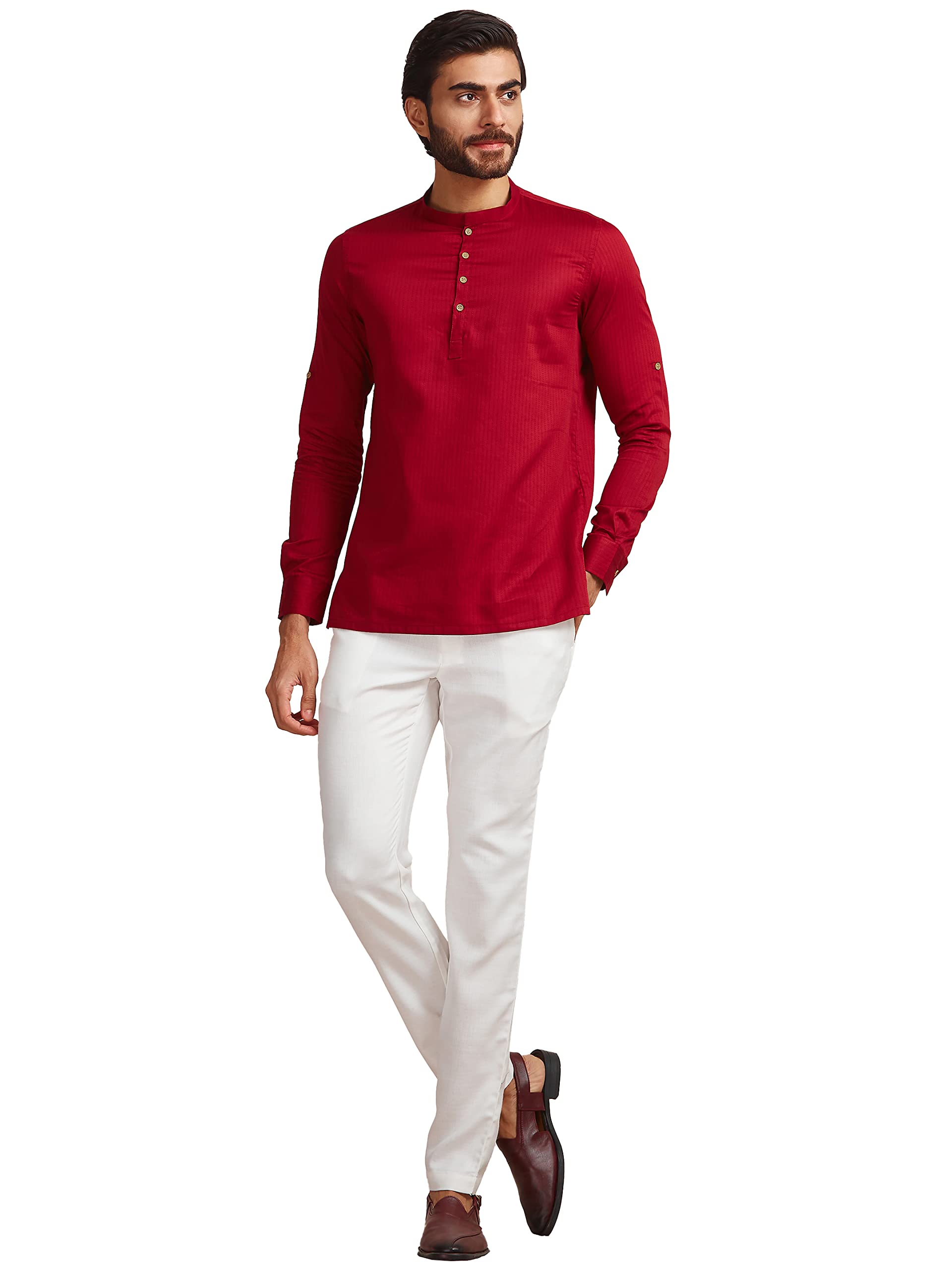 Manyavar Maroon Solid Full Sleeve Cotton Short Kurta | Traditional Short Kurta For Men (Xl)