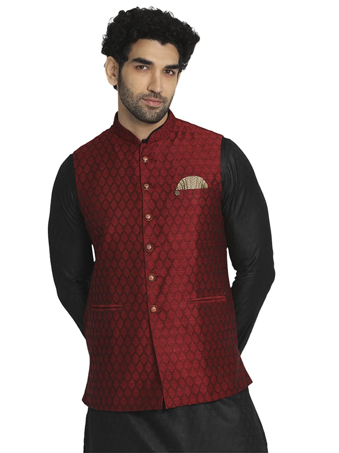 Manyavar MenS Art Silk Self Design Casual, Traditional Sleeveless Jacket (Fawn, Xl)