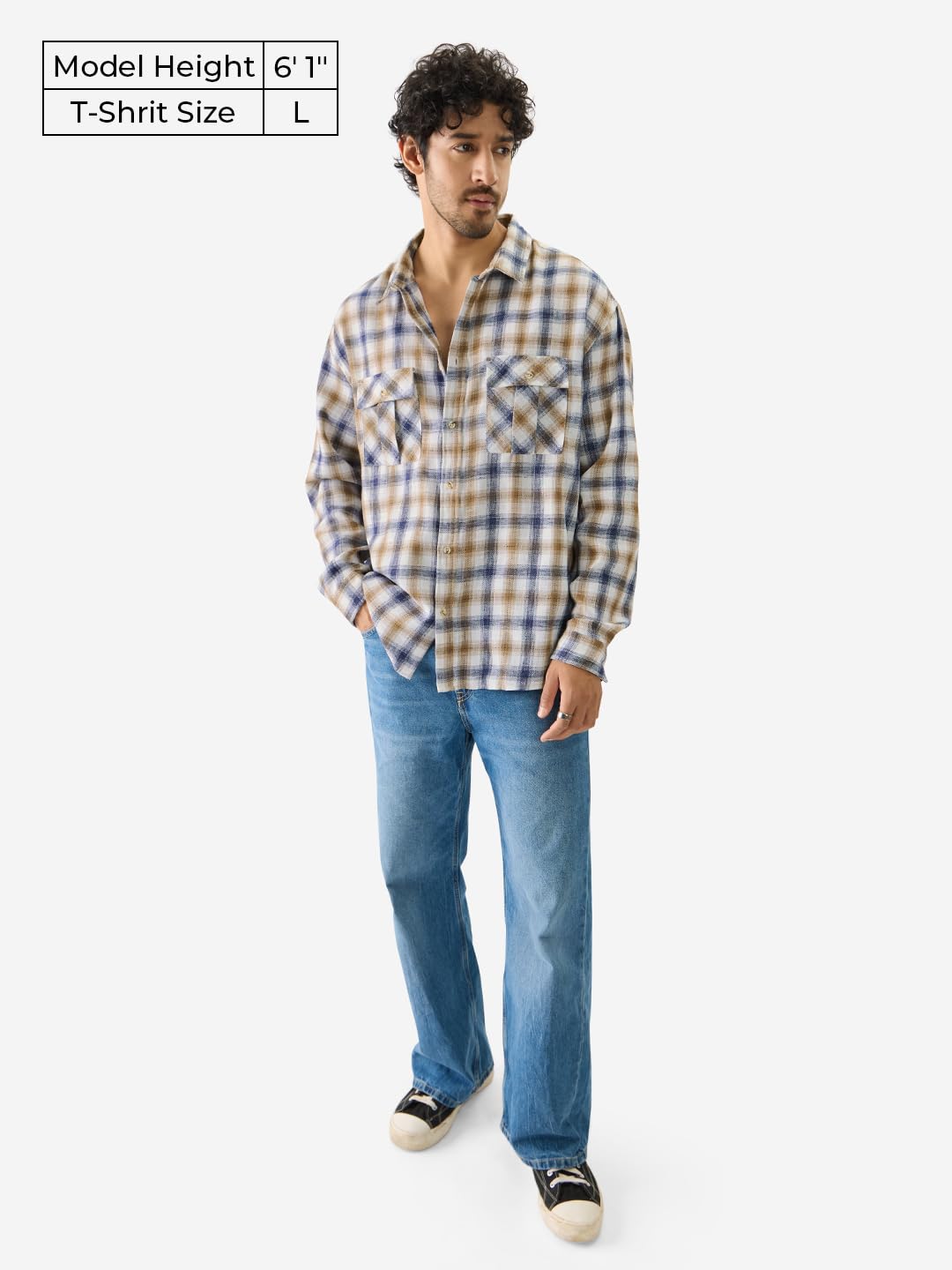 The Souled Store Plaid: Khaki Men and Boys Long Sleeve Collared Neck Button Front Regular Fit Cotton Utility Shirts
