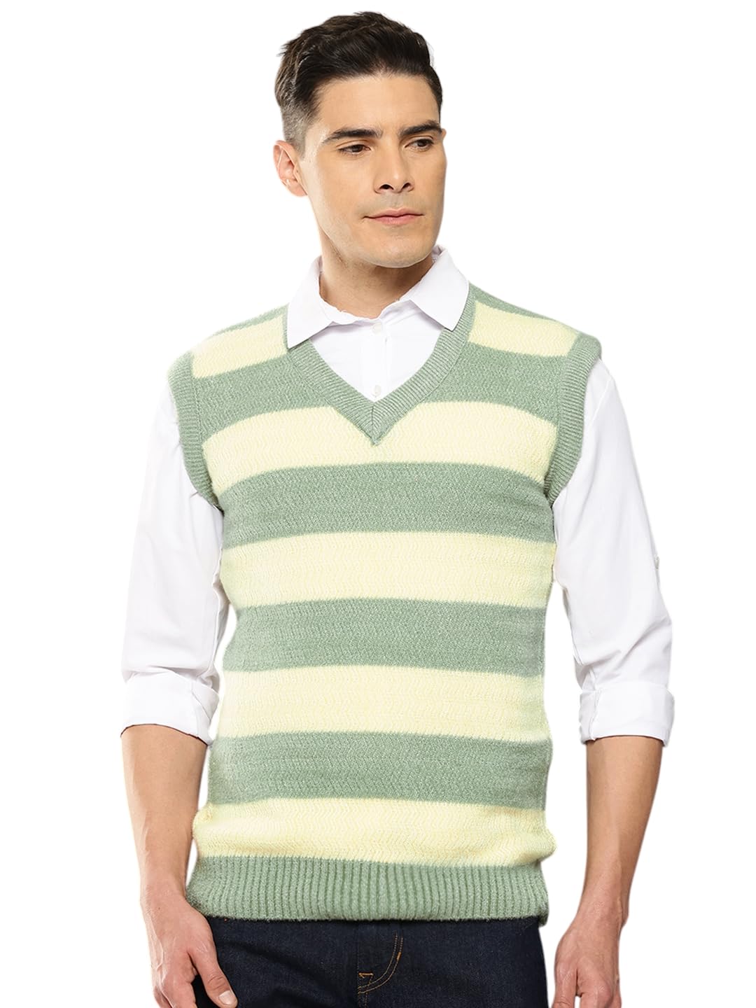 Aarika Mens Casual Wear Green Colour Woolen Stripes Sweater(S-L)