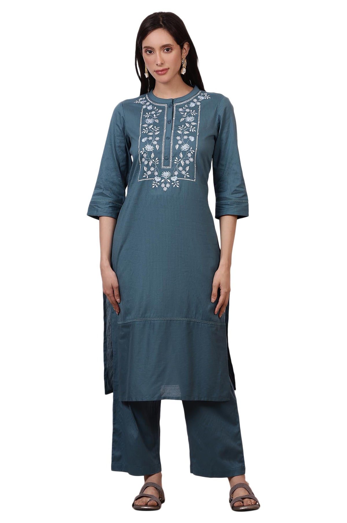 Aurelia Womens Blue Embroidered Yoke Pure Cotton Straight Kurta and Pants Set (Size: XS)-ASST15025-221942