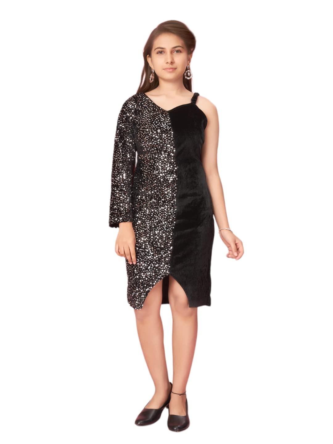 Aarika Girls Silver-Black Color Velvet Seguin Middi (New_MD-A-23049-SILVER-34)