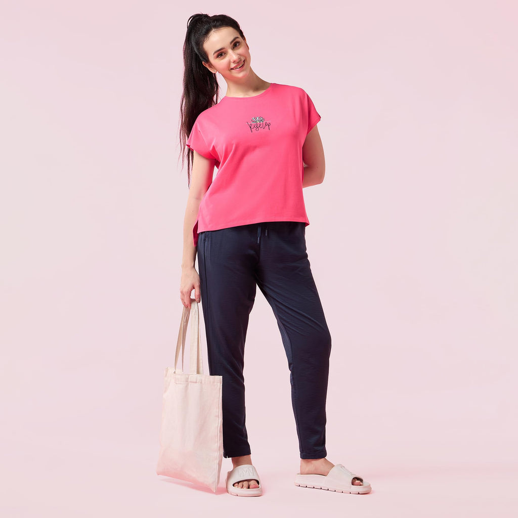 Enamor Womens Solid Relaxed Fit T-Shirt (E3G7_Raspberry Rise Up