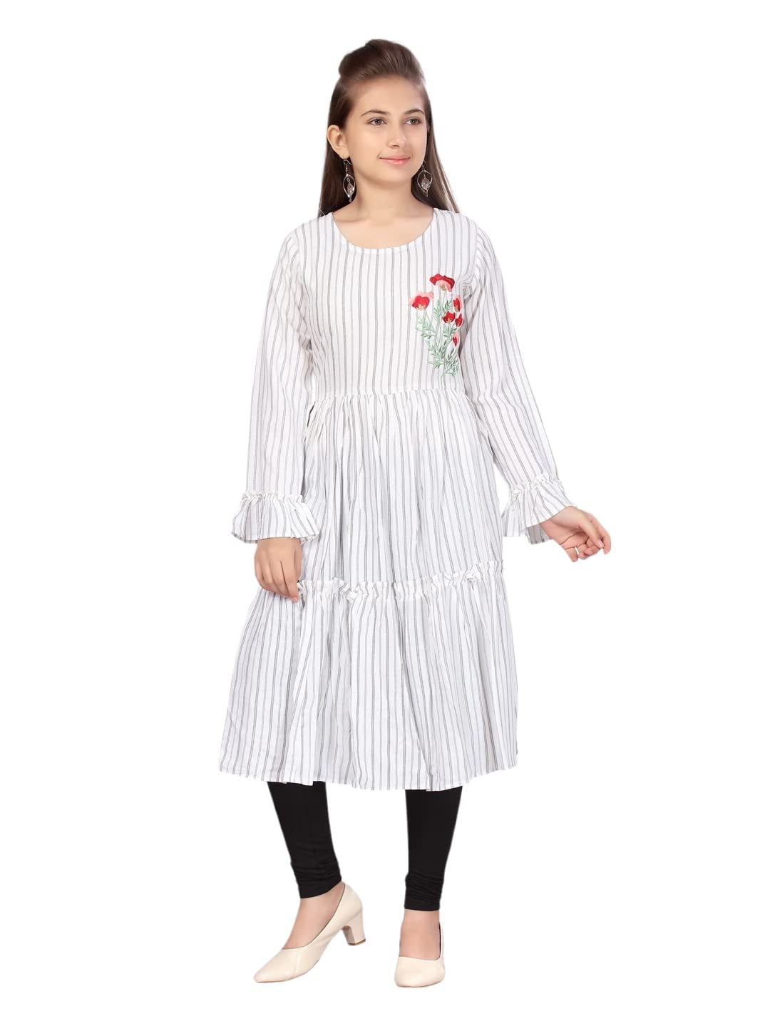 Aarika Girls Grey Round Neck Striped Kurti (KURTI-1009-GREY-26)