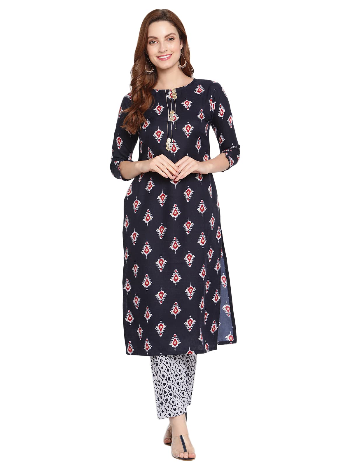Shasmi Women'S Navy Blue Cotton Straight Kurta With Checkered Trouser (Kurta 25 N Blue Xl)