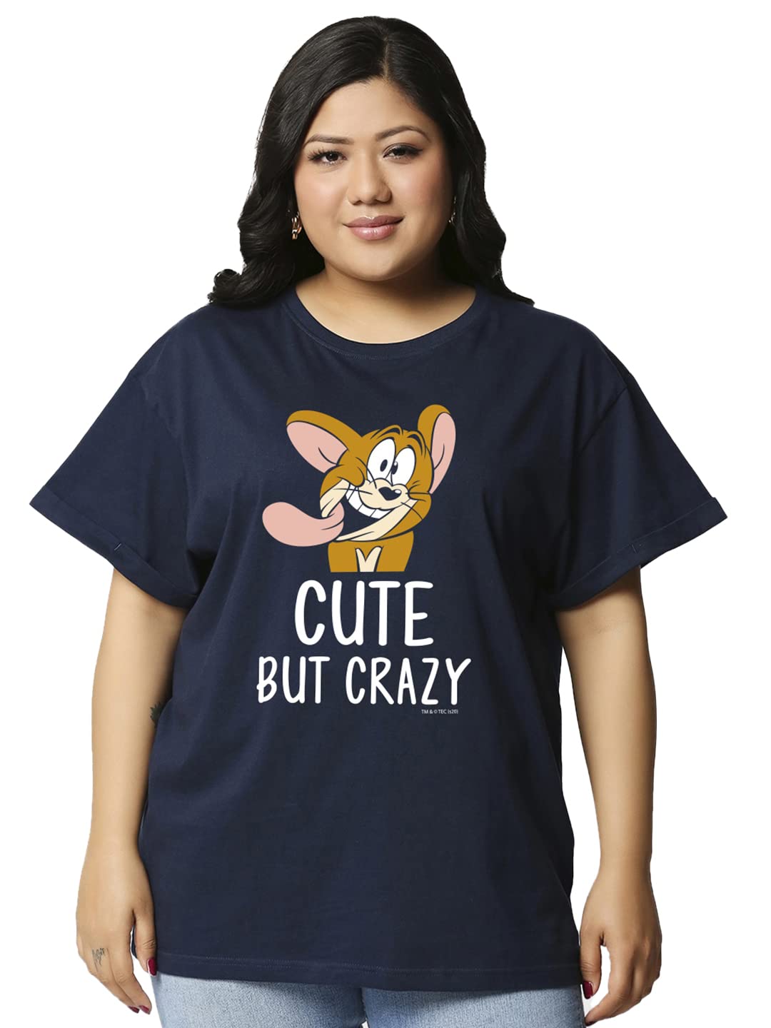 Bewakoof Womens Cotton Loose Fit Cute But Crazy Graphic Printed Plus Size Boyfriend T-Shirt, Boyfriend Fit, Round Neck, Half Sl
