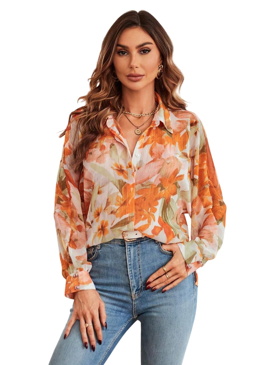 FERY London Womens Floral Print Sheer ButtonDown Shirt | Lightweight Long Sleeve Collared Shirts | Casual Elegant Shirt for Sum